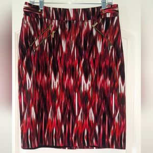 Calvin Klein Red Brushstroke Pattern printed pencil skirt with gold zippers